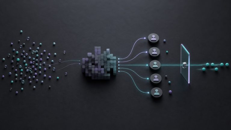 Editorial illustration of account signals passing through contact resolution into approved actions