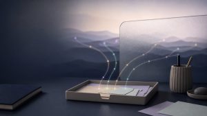 Abstract off-site signal paths crossing a frosted boundary into a governed review tray