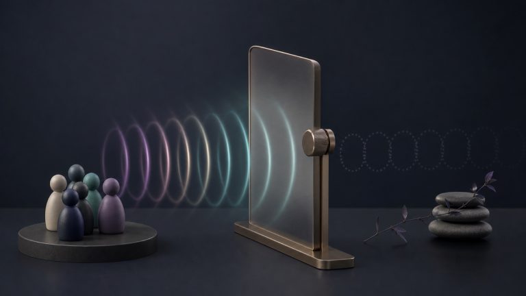 Abstract narrow audience cluster with repeating signal rings stopped by an adjustable pacing gate