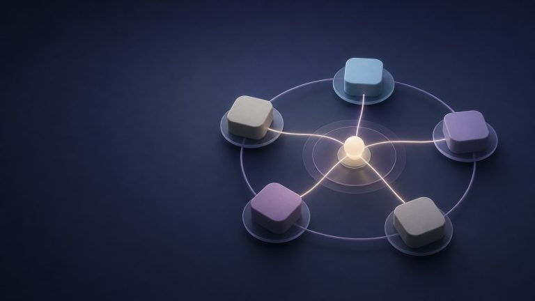 Abstract source node connected to five recurring intent-data service modules