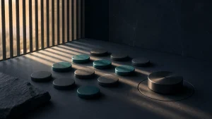 Abstract timing bands and signal tokens representing a reversible B2B ad scheduling test.