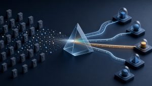 Abstract account signals passing through an evidence prism into governed action paths