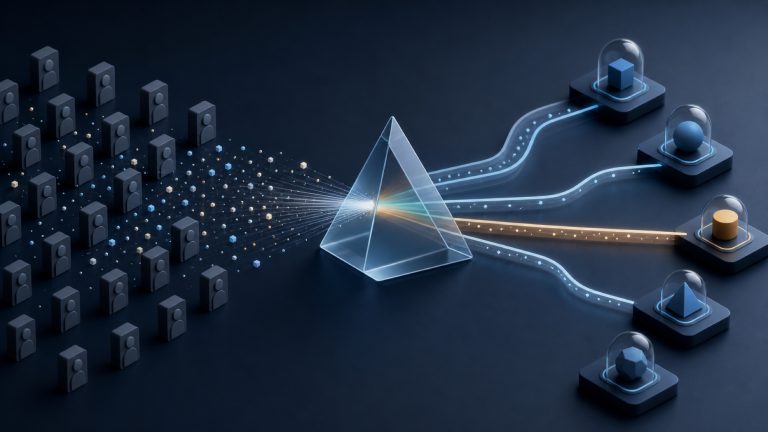 Abstract account signals passing through an evidence prism into governed action paths