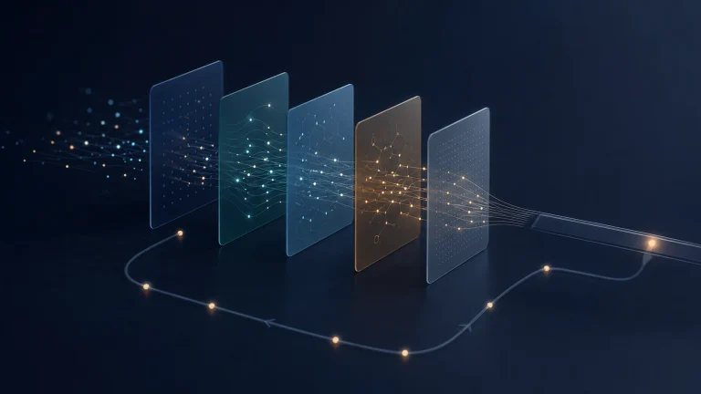 Abstract layers representing fit, intent, identity, validation, routing, and feedback in a B2B prospecting signal stack.