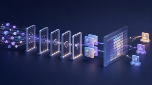 Abstract workflow turning account intent evidence into validated B2B prospects and opportunities