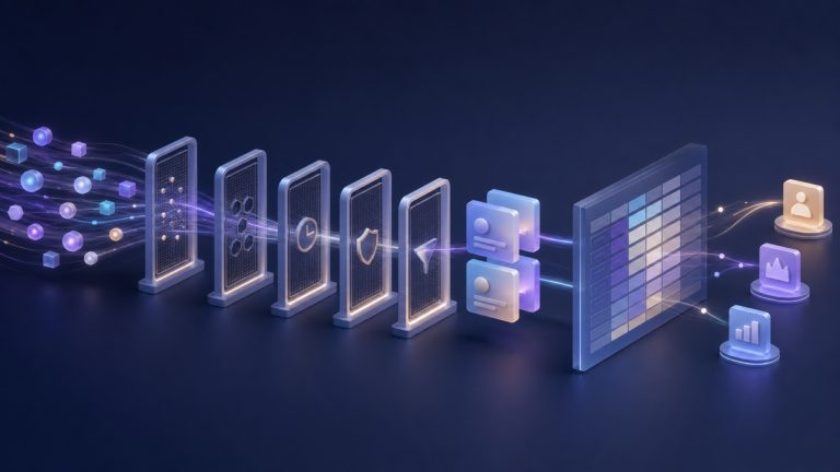 Abstract workflow turning account intent evidence into validated B2B prospects and opportunities