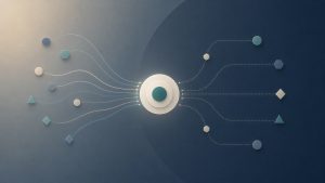 Abstract customer account evidence converging before branching into governed expansion paths.