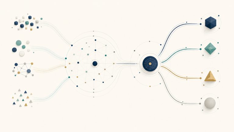 Abstract record fragments resolving into one entity before separate attributes branch outward.