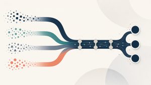 Four abstract evidence streams passing review gates into a controlled lead-routing lane.