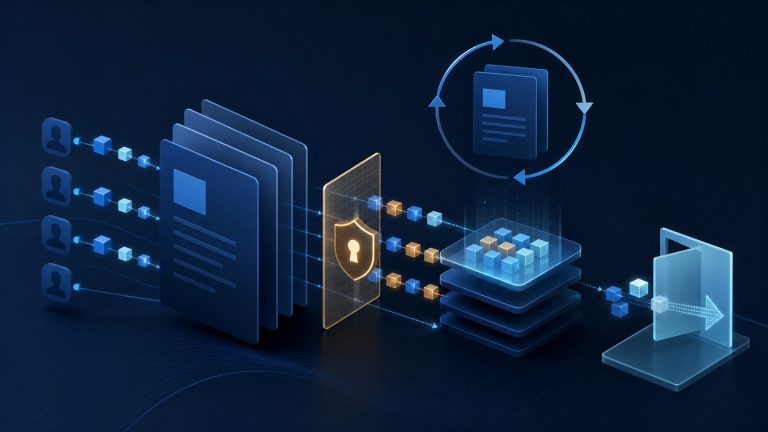 Abstract illustration of Intent data contracts as a governed intent-data workflow