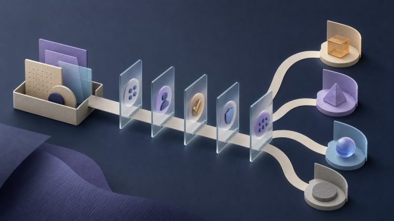 Abstract evidence tray passing five checkpoints into four discovery decisions