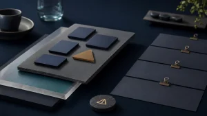 Abstract decision tiles, evidence layers, caveat marker, and action cards for executive intent-data governance.