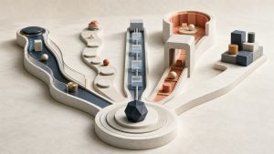 An abstract five-way operating-model switchyard representing managed, self-service, feed, reseller, and in-house paths.