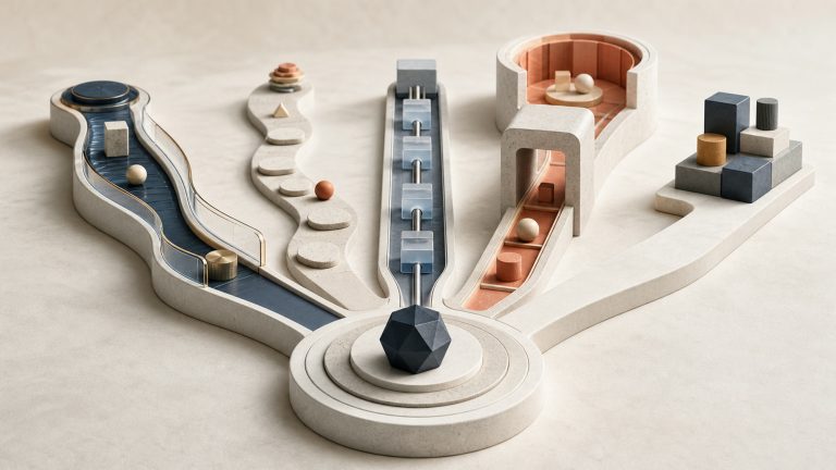 An abstract five-way operating-model switchyard representing managed, self-service, feed, reseller, and in-house paths.
