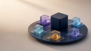 Abstract subscription block surrounded by implementation, usage, and operating-cost modules
