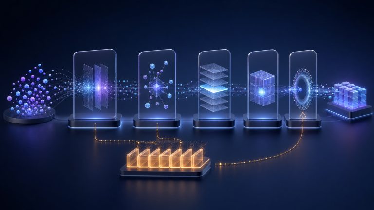 Abstract intent signals moving through five quality release gates and a review queue