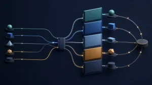 Abstract intent topics routing to distinct landing-page paths, useful offers, and a measurement feedback loop.