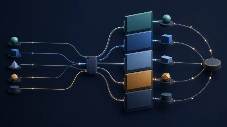 Abstract intent topics routing to distinct landing-page paths, useful offers, and a measurement feedback loop.