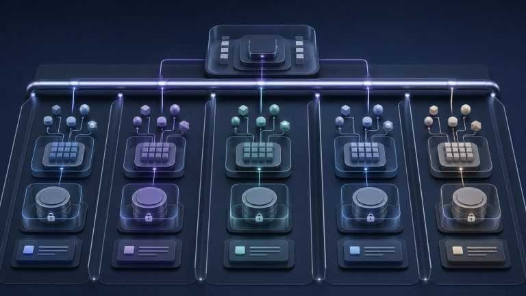Abstract shared orchestration rail serving five isolated client intent-data workspaces