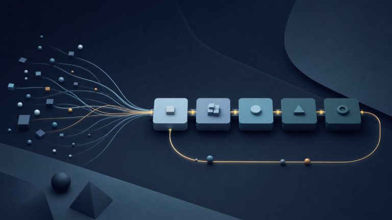 Abstract intent signals moving through a five-stage operating strategy and feedback loop