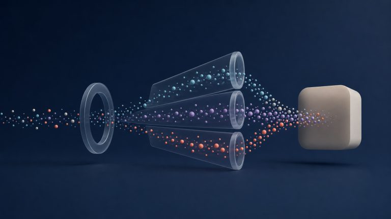 Abstract signal particles passing an eligibility gate into three activation lanes