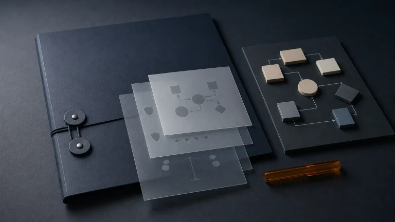 Blank governance folder, translucent safeguards, and an abstract data-flow map for an intent-data privacy review.
