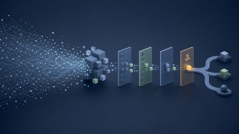 Abstract search research signals moving through account, fit, identity, review, and action gates