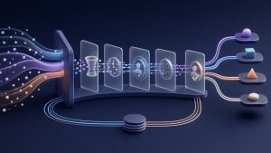 Abstract probabilistic signals moving through qualification gates into four SDR play lanes