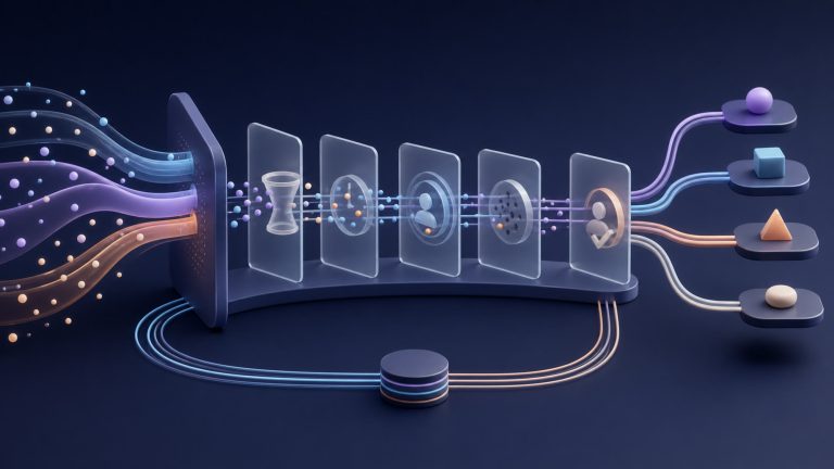 Abstract probabilistic signals moving through qualification gates into four SDR play lanes