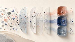 Abstract identity fragments moving through confidence and validation gates into isolated client delivery lanes.