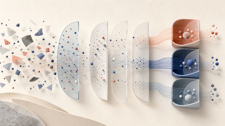 Abstract identity fragments moving through confidence and validation gates into isolated client delivery lanes.