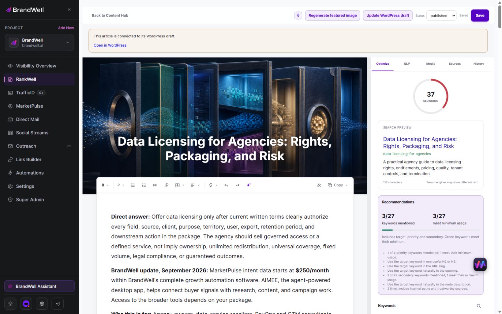 Current BrandWell RankWell editor with article content, search preview, SEO recommendations, and growth-tool navigation